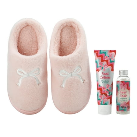 Foot Care Gift 3 Pieces Set for Women with Fluffy Slippers, Foot Lotion, and Foot Soak-Pink