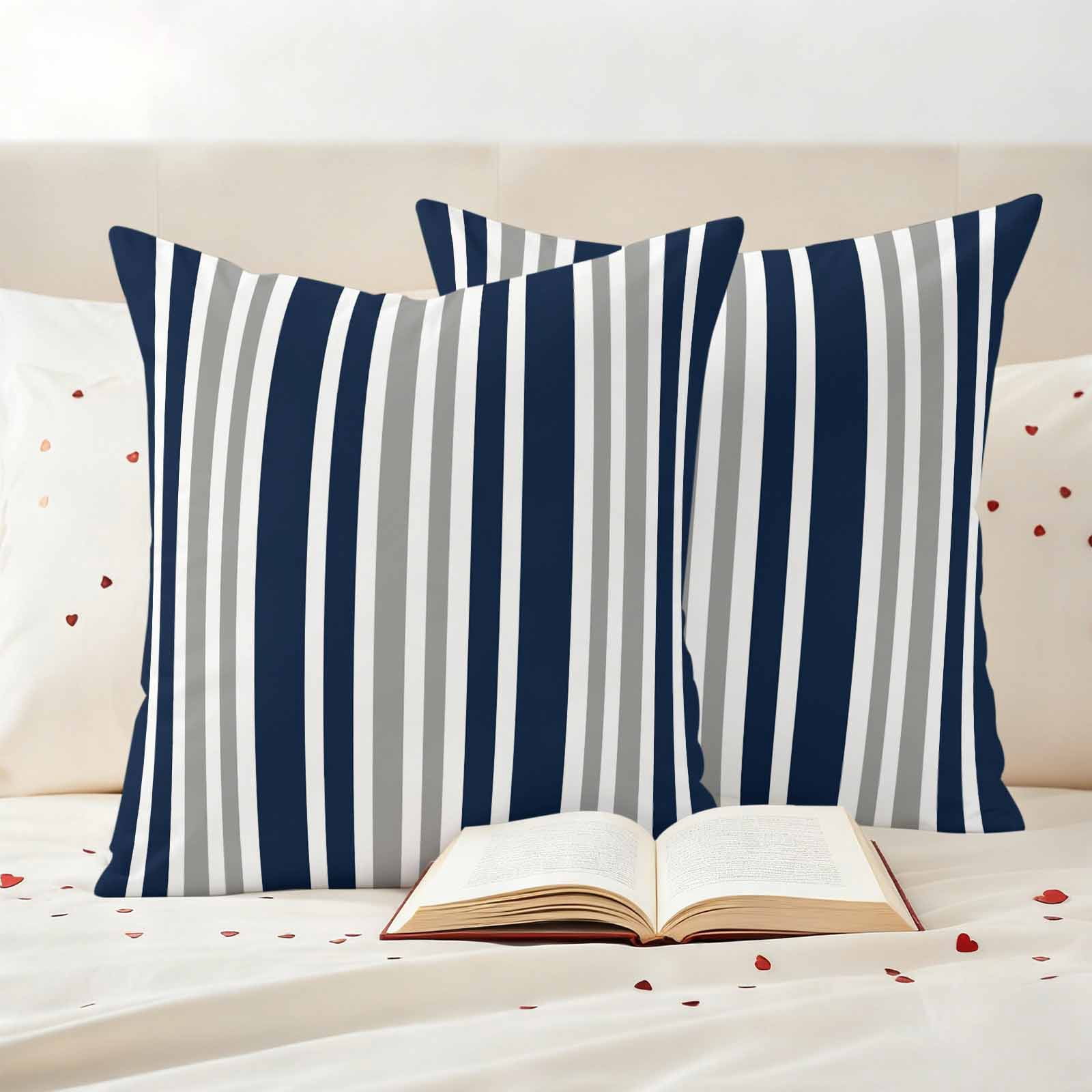 Navy Blue Grey Striped Outdoor Waterproof Pillow Covers, Modern Minimalist Ombre Lines Decorative Square Throw Pillowcase Sofa Cushion Sham for Patio/Couch/Chair, 24"x24" 2 Pack