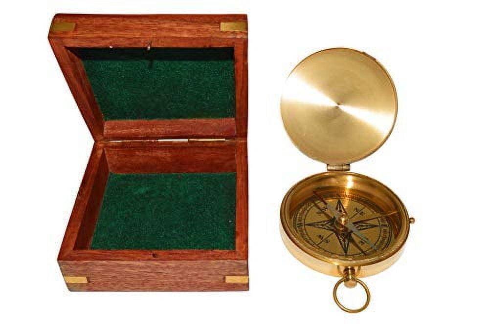 Large 4" Brass Compass with Rosewood Storage Box, Fully Functional Nautical Pirate Cosplay Costume Decoration