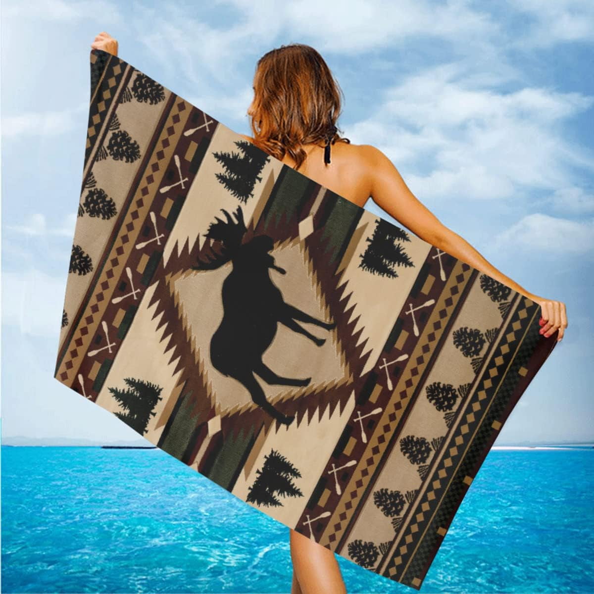 Retro Rustic Beach Towel, Moose Deer Bear Leaf Tree Country Style Farmhouse Microfiber Ultra Soft Quick Dry Highly Absorbent Bath Towels for Beach Party Outdoor Travel Swim Pool Yoga 33x52 Inch