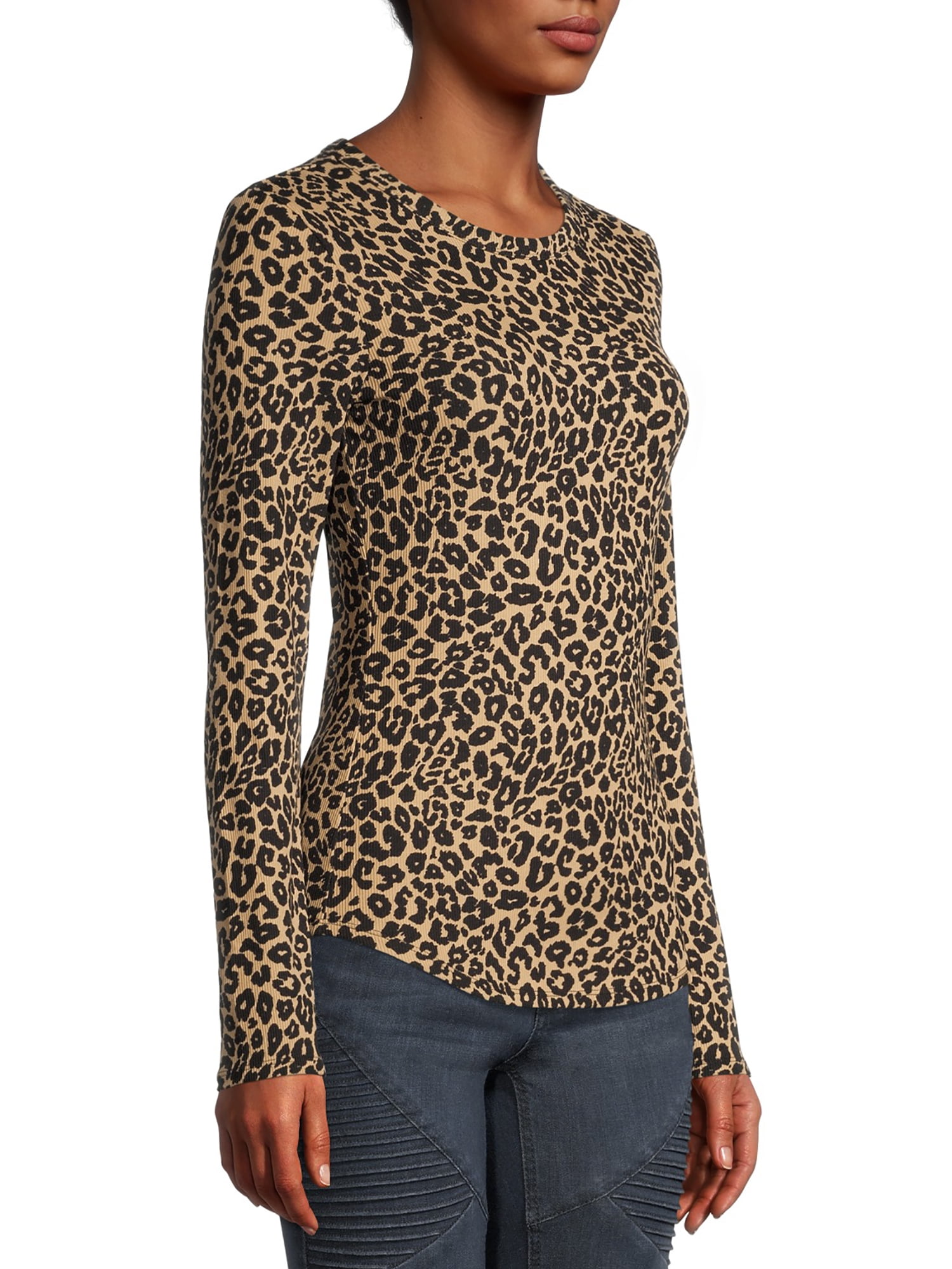 No Boundaries Ribbed Crewneck Tee with Long Sleeves, Women's