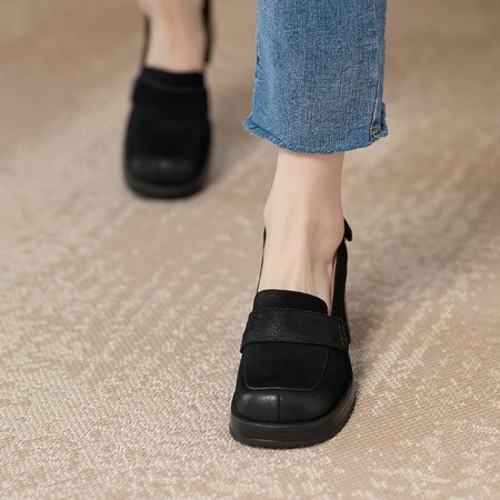 

Toe Thick Heel Sandals Women‘s New Retro Soft Leather Thick Bottom Round Toe Hair High Heels