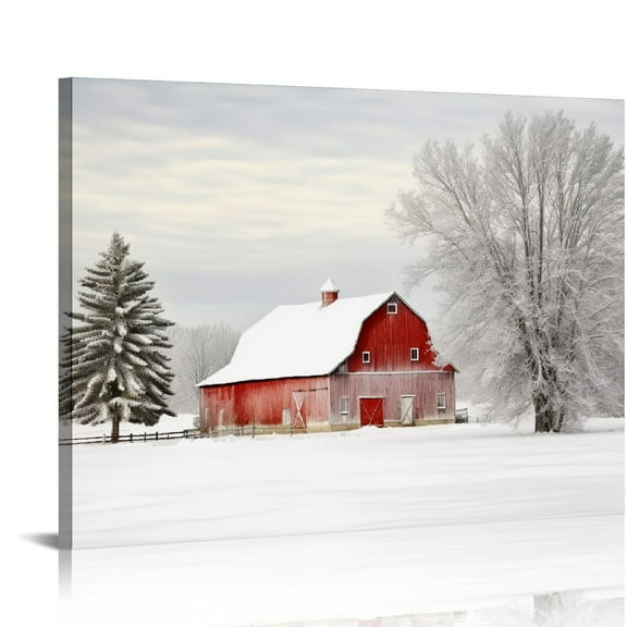ONETECH Winter Scenes Pictures Old Red Barn Canvas Wall Art Winter House Painting Winter Barn Prints Snow Scenery Wall Art 16x12\