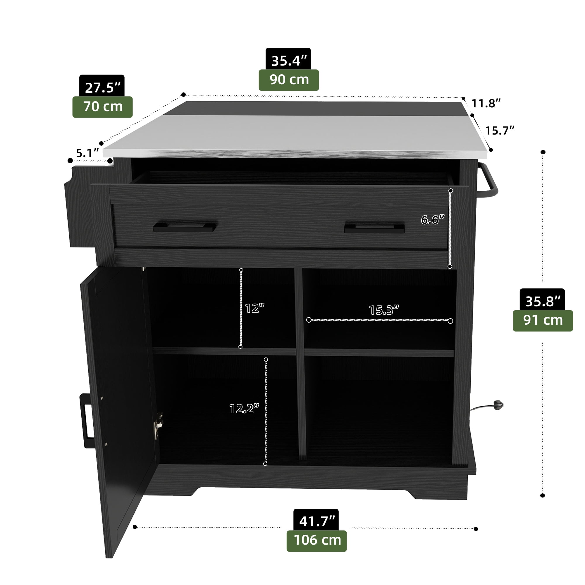 Uforic Kitchen Island Table with Drop Leaf & Storage, Kitchen Cart with Power Outlets, Black