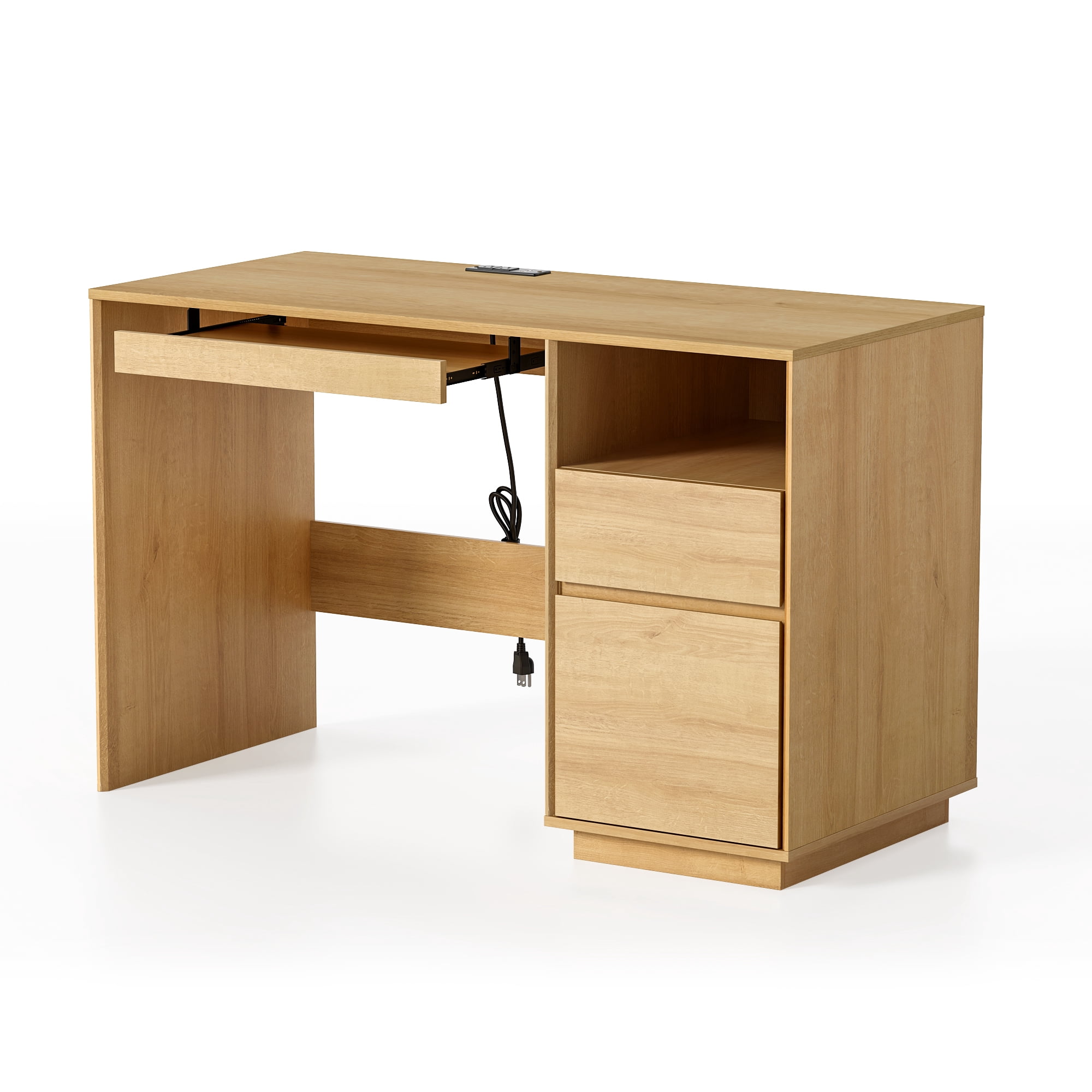 EYYTHUNG 47" Office Desk, Farmhouse Executive Desk with File Drawer & Outlet, Wood Computer Desks with Keyboard Tray, Natural Oak
