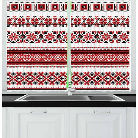 Arts & Crafts Window - Red Curtains 2 Panels Set, Ukrainian Needlework Illustration Ethnic Traditional Accents Arts and Crafts Theme, Window Drapes for Living Room Bedroom, 55W X 39L Inches, Red Black White, by Ambesonne
