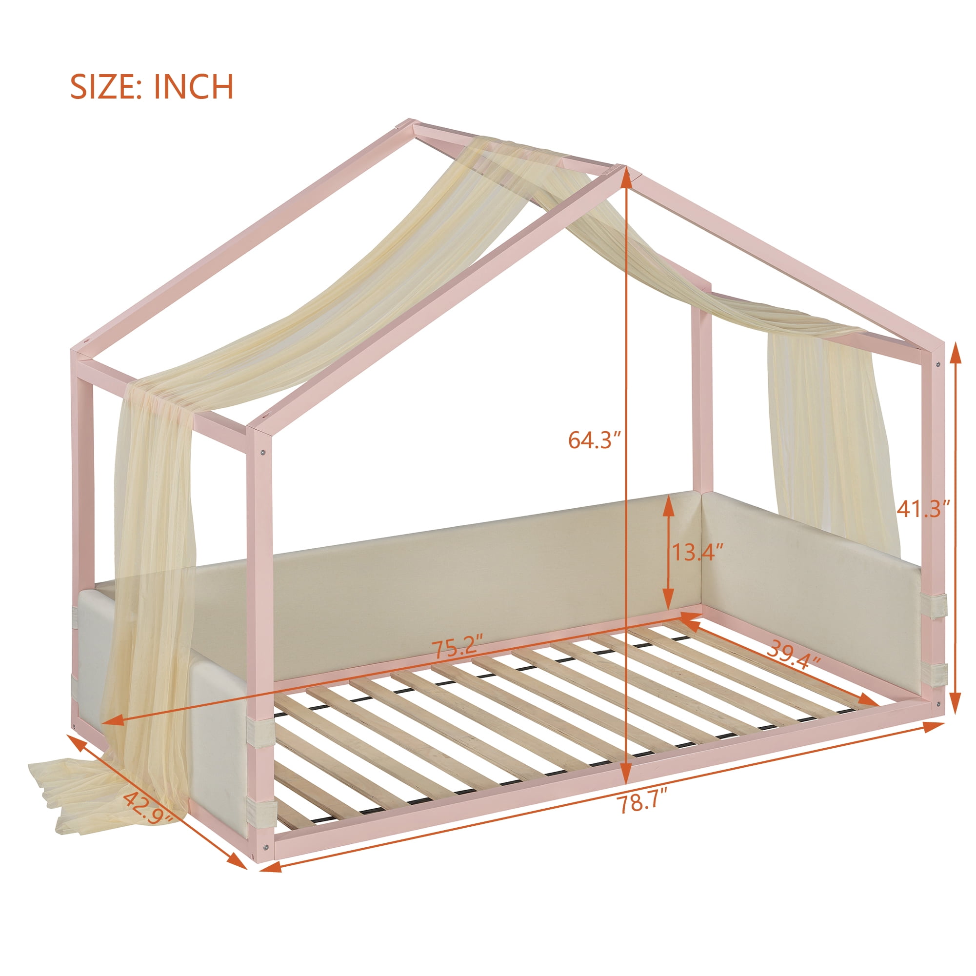 Mintazer Twin Size Montessori House Floor Bed with Breathable Gauze Canopy & Velvet Upholstered Side Guard Panels, Low Platform Kids Playhouse Bed Frame for Bedroom Guest Room, Pink