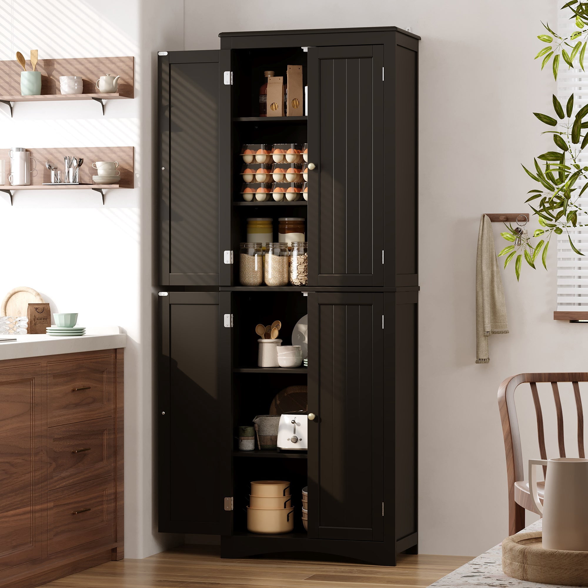 Aiho 66.9" Bathroom Storage Cabinet, Freestanding Wooden Linen Cabinet with 4 Doors & Adjustable Shelves for Bathroom, Kitchen, Black