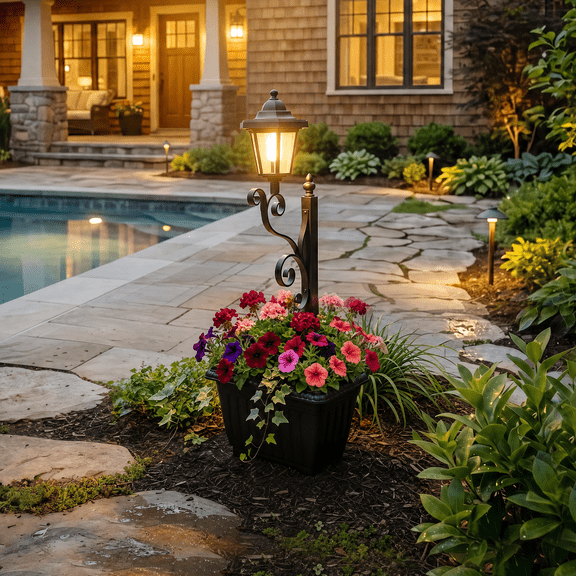 1 Pack 2 in 1 Outdoor Flower Pots, Solar Outdoor Lights with Pots for Real Or Fake Flowers, Solar Lamp Post Lights, Decorative Lamp for Garden Lawn, Patio, Front Door, Ideal Gift for Home Decoration