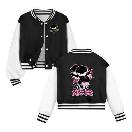 Ninja Sister Baseball Jacket – Girls Anime Cartoon Varsity Bomber Coat – Lightweight Snap Button Outerwear Casual School Sports Streetwear Fashion