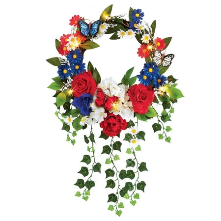 Lighted Patriotic Mixed Floral Summer Front Door Wreath 4th
