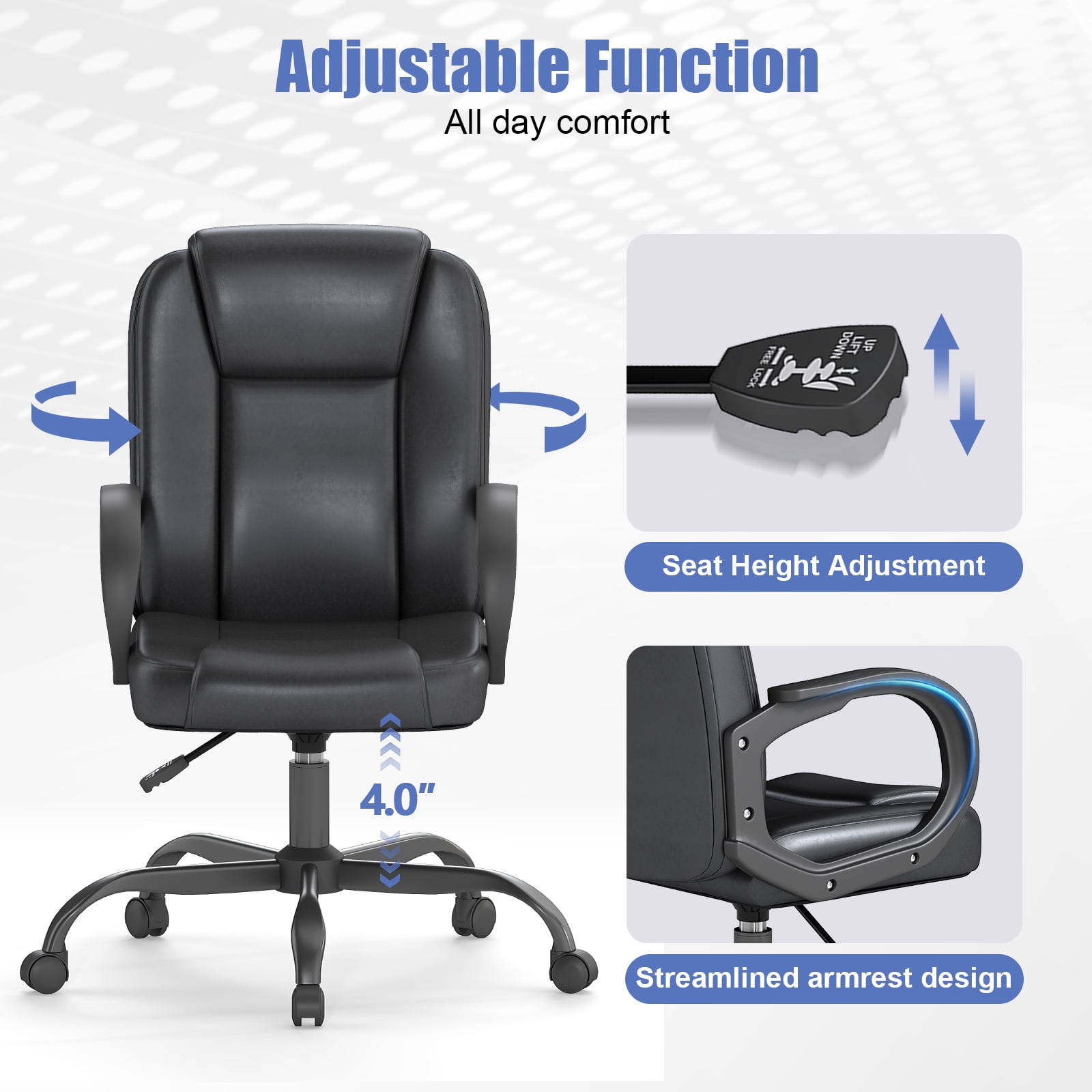 PU Leather Office Chair Mid-Back Executive Desk Chair with Lumbar Support, Black