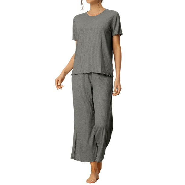 Conjuntos de pijama para mujeres INSPIRE CHIC, cuello redondo, manga corta, de ribete sólido, ropa de dormir casual, pijamas para damas, L, gris oscuro