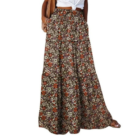 Evdexr Maxi Skirts for Women Plus Size Boho Floral Vacation Elastic High Waist Flowy Skirts Tie Tiered Pleated Summer Beach a Line Casual Swing Long Skirts with Pockets Brown M