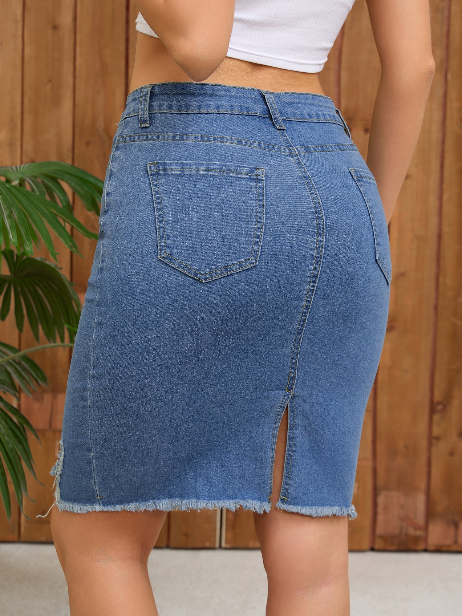 DARING DIVA Women's Denim Above the Knee Pencil Skirt M Blue