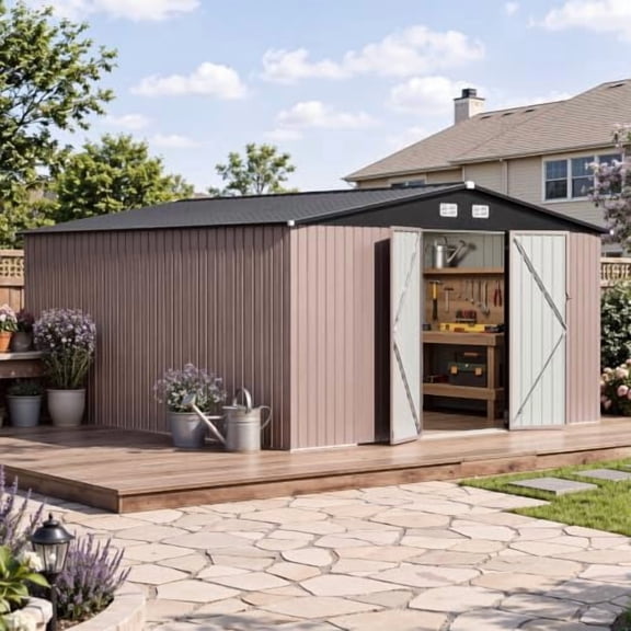 Aoxun 14x12 FT Outdoor Storage Shed with Lockable Double Doors, Brown