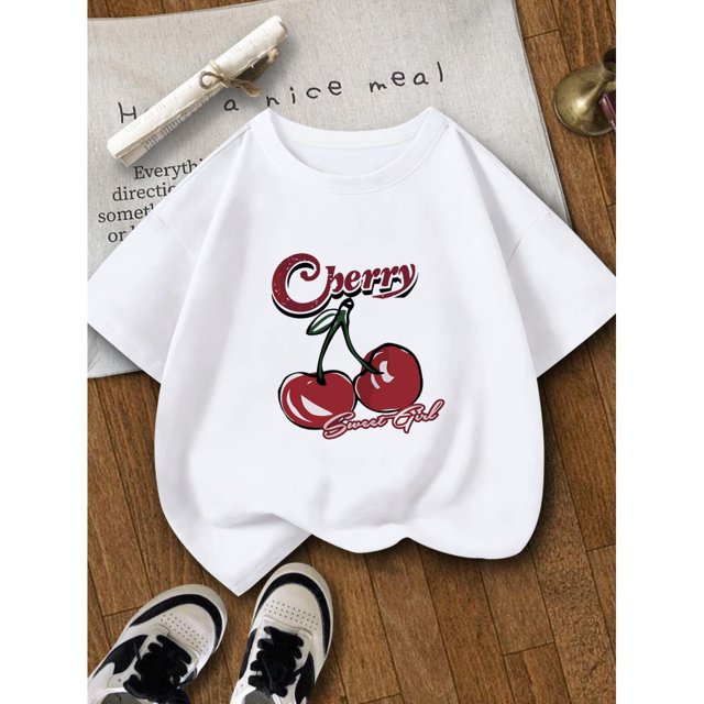 T-Shirt à Manches Courtes pour Filles avec Imprimé Cerise Rouge - Haut à Col Rond Doux, Élastique et Confortable pour les Sports de Plein Air, Adapté aux Âges de 7 à 14 Ans, Été, Décontracté, Loisir, Version Conventionnelle, Xia