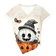 thumbnail image 4 of TANGQIOP Women T-Shirts Tops with V-Neck Short Cap Sleeve Tee Top Halloween Skeleton Cat Bat Pumpkin Print Funny Casual Beige XXXXL, 4 of 4