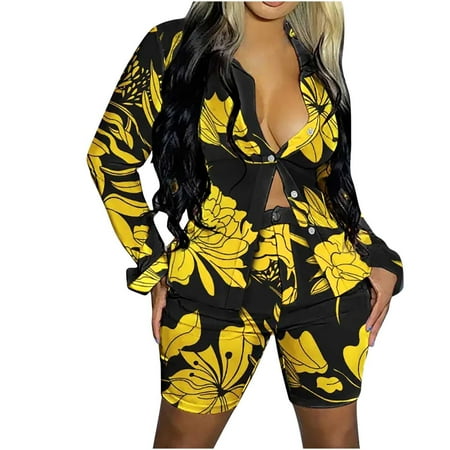 

Dadaria 2 Piece Outfits for Women Shorts Set Plus Size Shirt Long Sleeve Suit Set V Neck Print Sets Black XL Female
