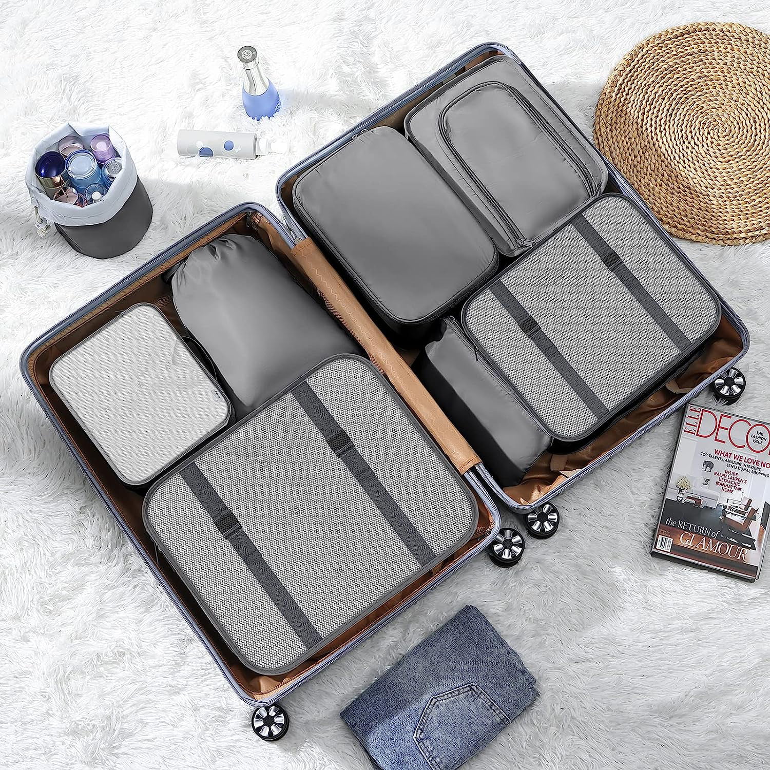 DIMJ Packing Cubes for Travel, 8Pcs Foldable Suitcase Organizer Set for  Bra, Socks, Cosmetics with Makeup Bucket Bag, Waterproof Lightweight Travel