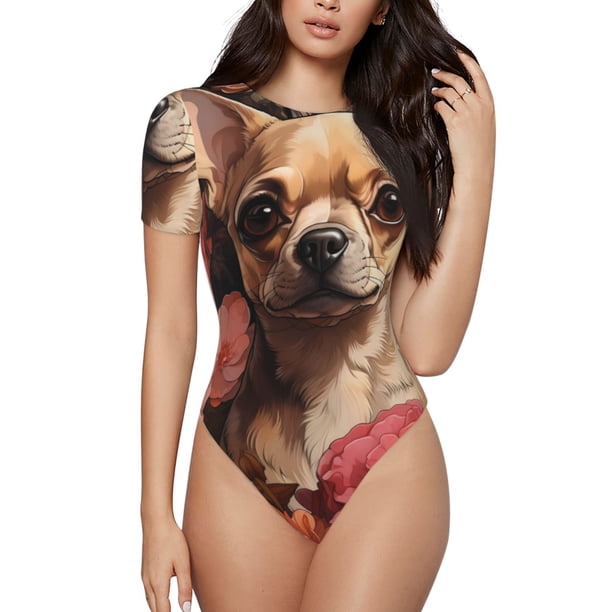 Balery Vintage Red Flower Chihuahua Body de cuello redondo de manga corta para mujer Tops de manga corta Tops básicos-XX-Large