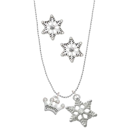 Delight Jewelry Silvertone Small Princess Crown with Clear Crystals Silver tone Snowflake Charm Necklace and Stud Earrings