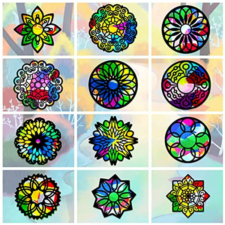Hula Home Stained Glass Mandala Art Kit - DIY Window Clings with Markers,  10 Suncatchers - Perfect Hobby for Adults, Kids, Teens & Seniors - Ideal