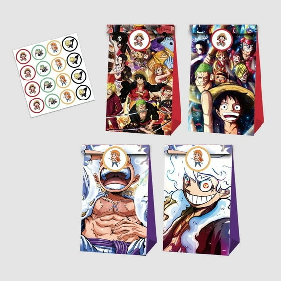 12 PCS Party Favor Candy Bags for One Piece Anime Themed Birthday Supplies Decor Kraft Paper Gift Bag.