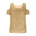 thumbnail image 5 of Womens Sparkly Sequin Top Cold Shoulder Glitter Short Sleeve Blouses Tops Loose Fit Evening Club Glitter Sparkly Blouse Outfits Dressy Party Blouse Shirts, 5 of 7