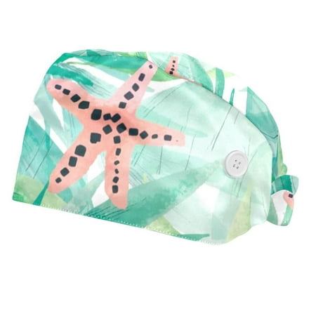 

2PCS Working Cap with Buttons and Sweatband Adjustable Tie Back Hats Bouffant Caps Starfish Scrub Turban Hat