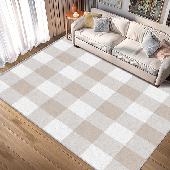 Beige Buffalo Check Area Rugs, Farmhouse Plaid Carpet, Washable Non Slip Low Pile Soft Rug for Bedroom Living Room Decor Mat 2ftx3ft