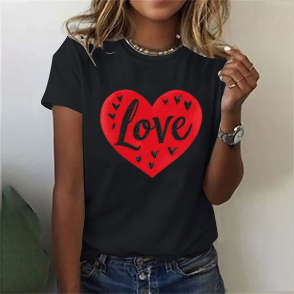 Valentines Tops for Women, Love Letter Print T Shirt, Women's Short Sleeve Tee Ladies Valentine's Day Printed Round Neck Short Sleeved T-Shirt Loose Casual Blouse Top