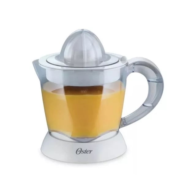 exprimidor de citricos oster fpstj407/w exprimidor eléctrico blanco, vista frontal centrada con jarra transparente de 1 L, cono dual y tapa; muestra palanca de presión superior, filtro ajustable de pulpa, vertedor y mango, logotipo Oster en la base. También suele usarse para preparar jugos para reuniones familiares.