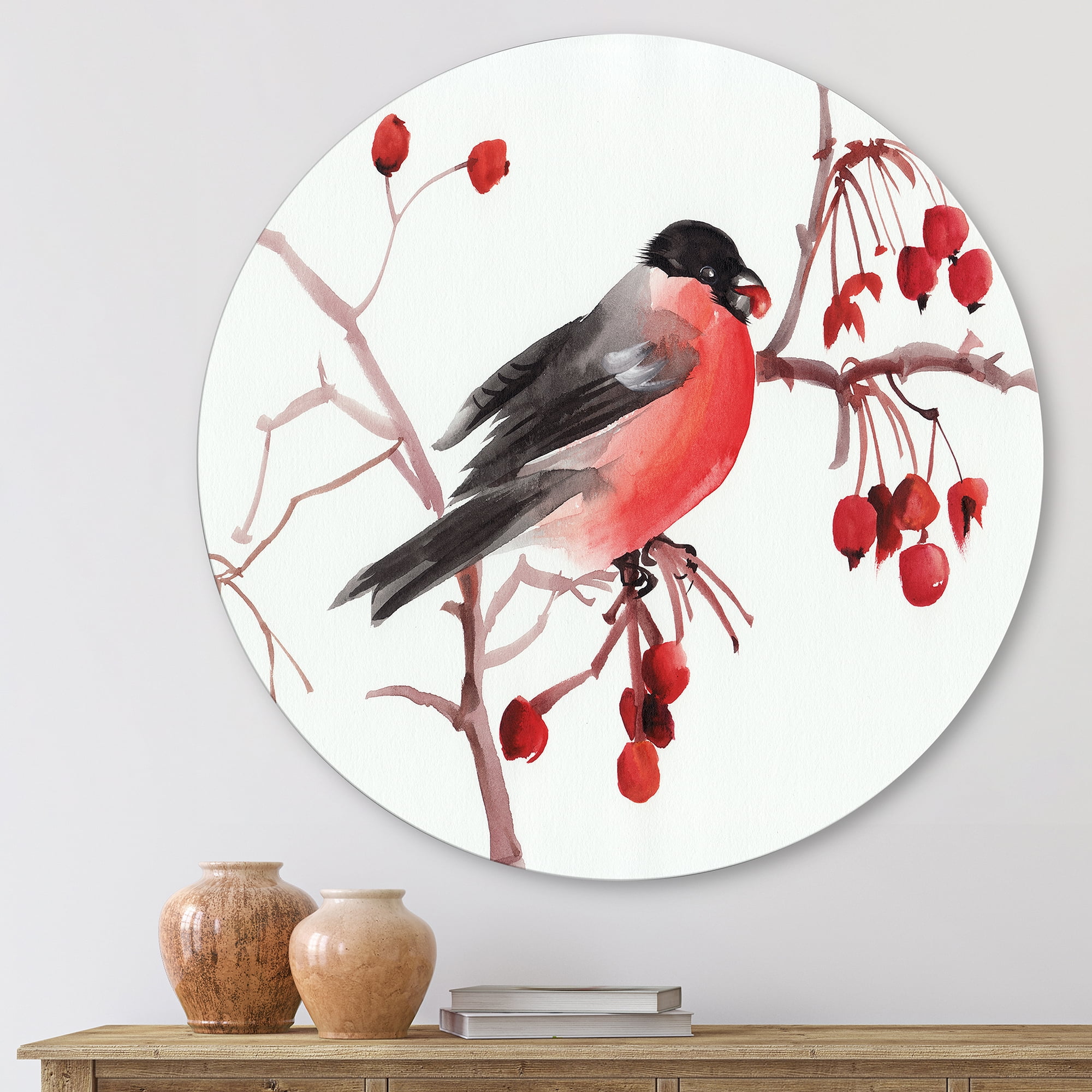 Designart 'Bullfinch Bird Sitting On A Branch' Traditional Circle Metal Wall Art 11x11 - Disc of 11