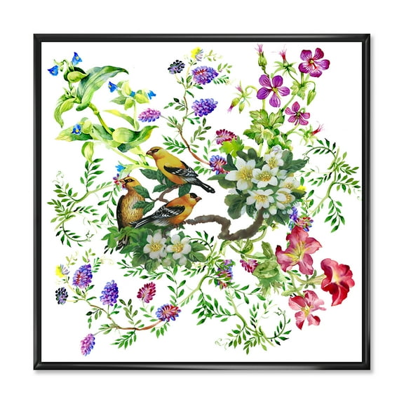 Designart 'Tropical Birds Sitting On Blooming Tree' Traditional Framed Canvas Wall Art Print