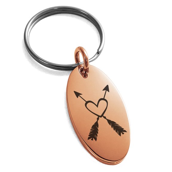 Stainless Steel Heart + Arrows Engraved Small Oval Charm Keychain Keyring