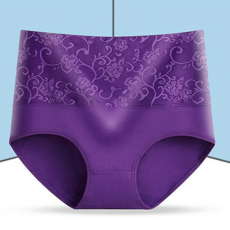 LYEAA Womens Briefs Plus Size Cotton High Waisted Cool Underwear Breathable Comfort Solid Lace Daily Panties Full Fashionable Underpants Purple 5XL