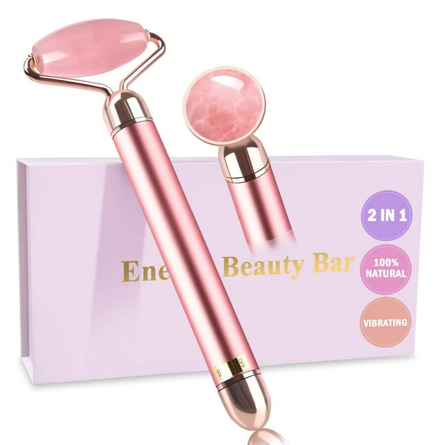 ZS ZESHIN Rodillo masajeador facial de jade vibratorio 2 en 1, rodillo eléctrico de cuarzo rosa para la cara de los ojos para presionar el aceite de crema de la piel para reducir las arrugas antienvej