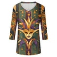 thumbnail image 3 of Mardi Gras Shirt Womens Tops 3/4 Length Sleeve with Geometric Stripe and Star Print Loose Fit Comfortable V Neck Holiday Blouse Army Green 3XL, 3 of 3