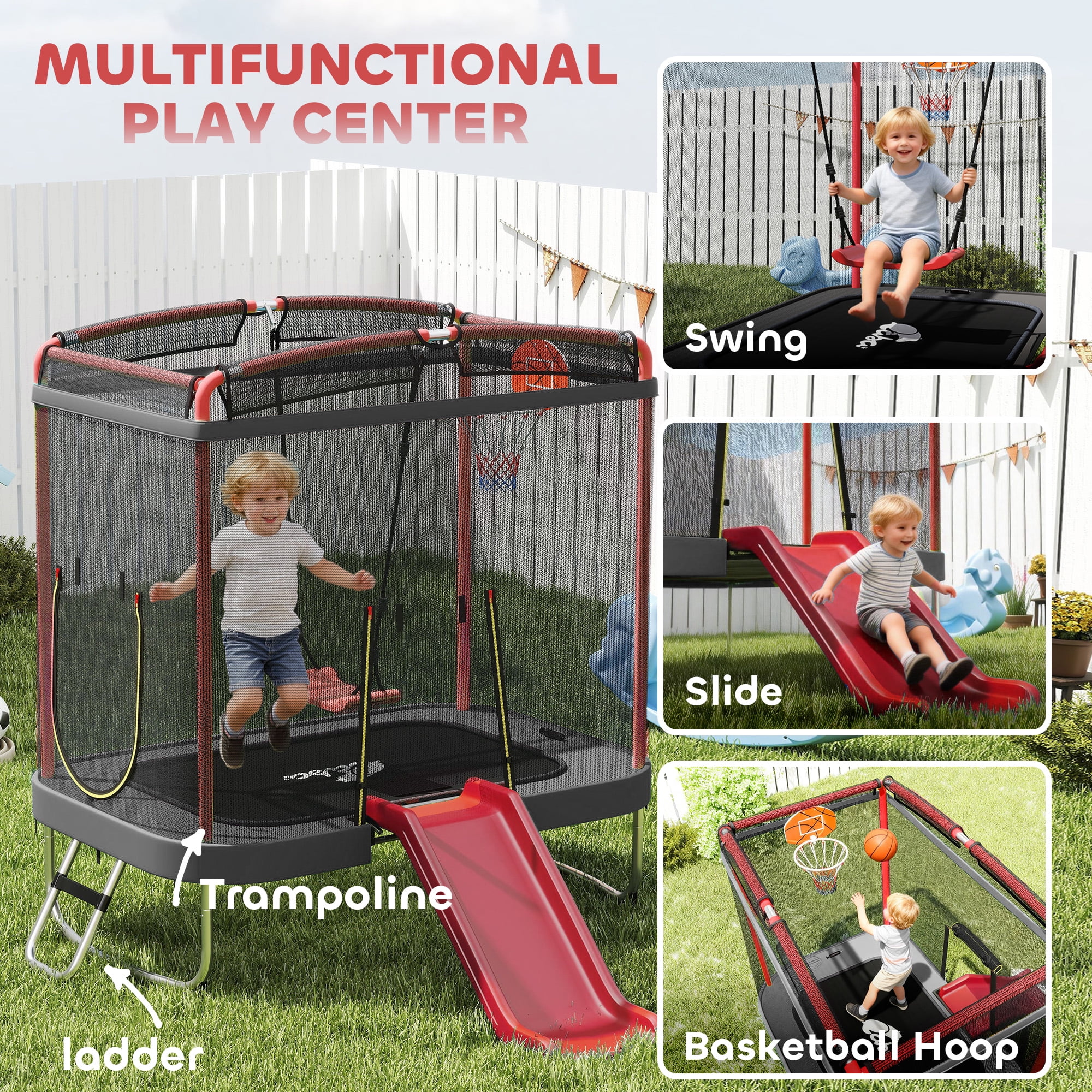 Qaba 4 x 6FT Trampoline for Kids, Indoor & Outdoor Toddler Trampoline with Slide, Swing, Basketball Hoop, Ladder and Safety Enclosure, Red