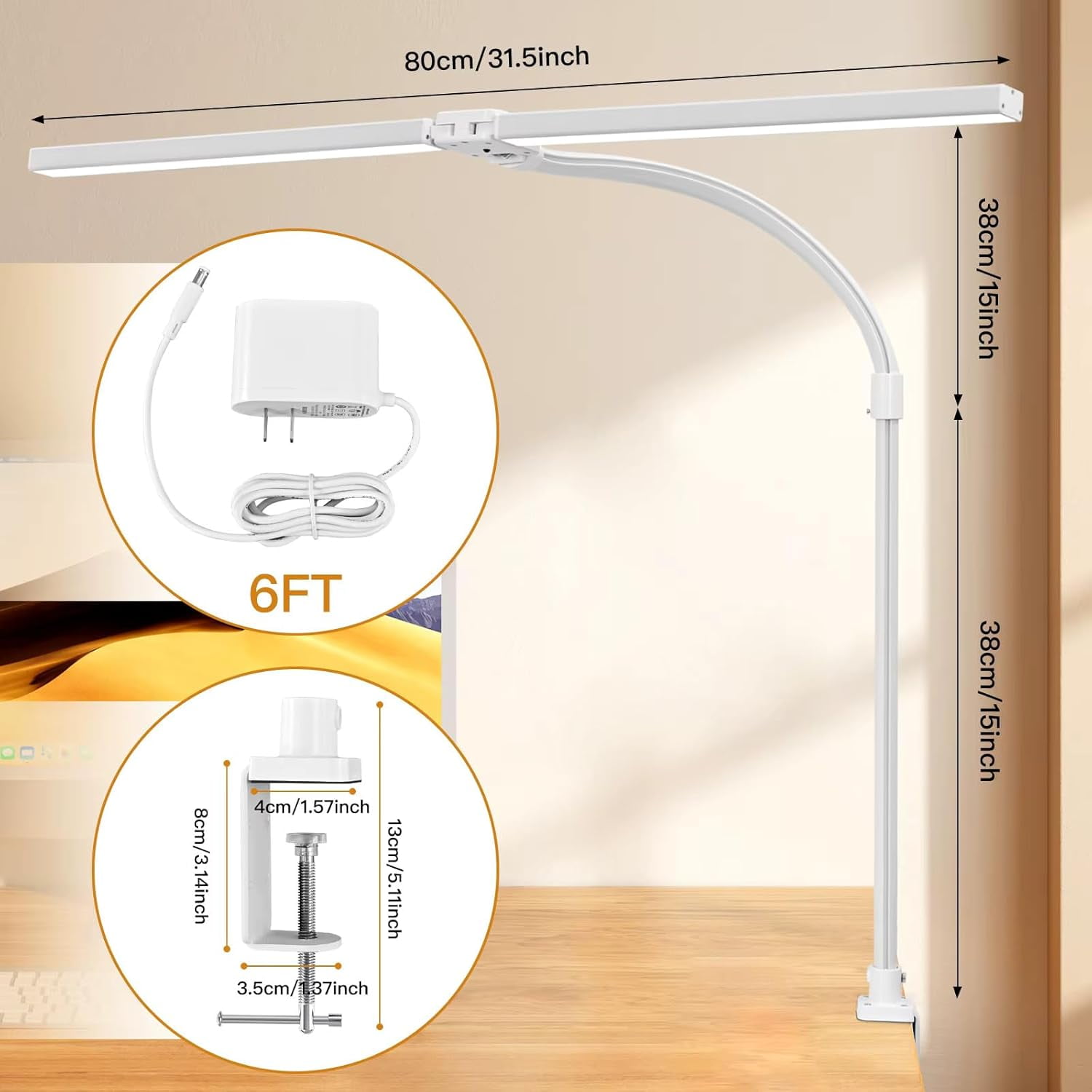 OptiLite White Clamp-On LED Desk Lamp, Dimmable Adjustable Arm Task Light with Touch Controls