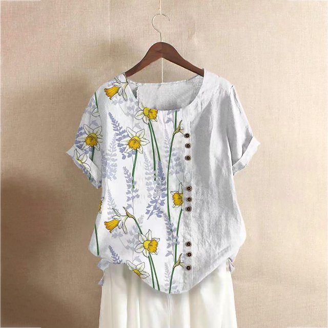 CHGBMOK Hauts d'Été Grande Taille pour Femmes, Blouse Décontractée à Manches Courtes et Col Rond, Imprimé Floral, en Liquidation