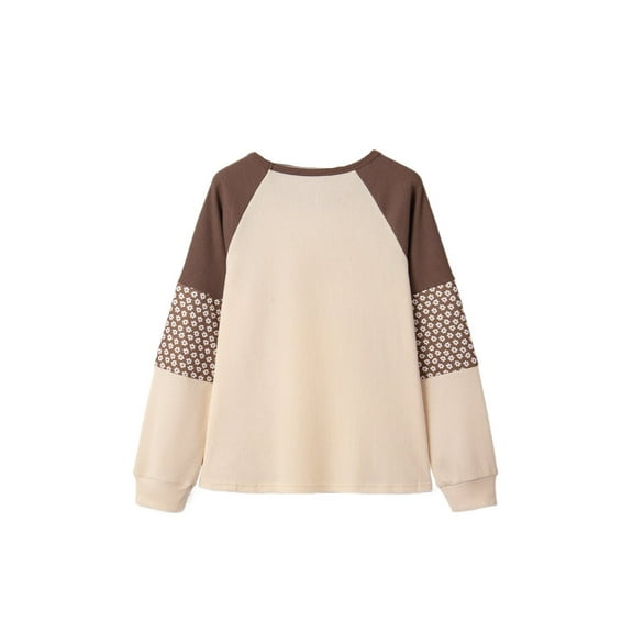 Women's Brown Floral Patchwork Long Sleeve Top – Stylish Casual Wear for Fall - [ZhiHiMeRi] | L