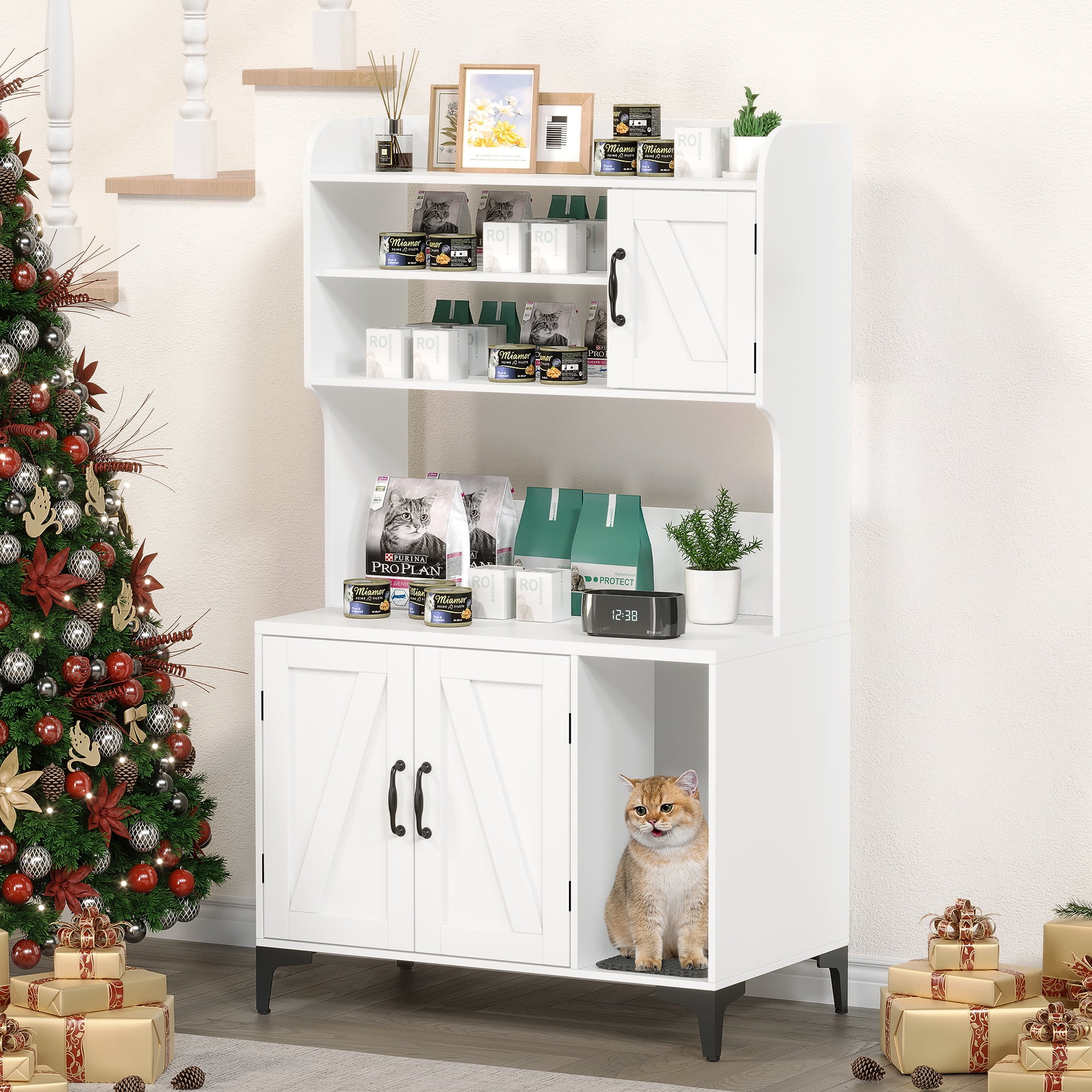 COZONY Cat Litter Box Furniture, Indoor Hidden Litter Box Shell With Litter Mat, 3 Door Cabinets And Ample Storage Space, Cat Washroom Furniture, Multi-Purpose Home Decor, White