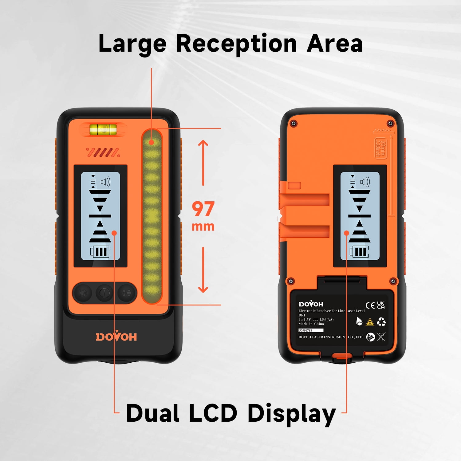 DOVOH High Accuracy Laser Level Receiver : Dual LCD Display, Loud Speaker, 197 ft in Sunlight, IP54 Shock Resistant, DR1