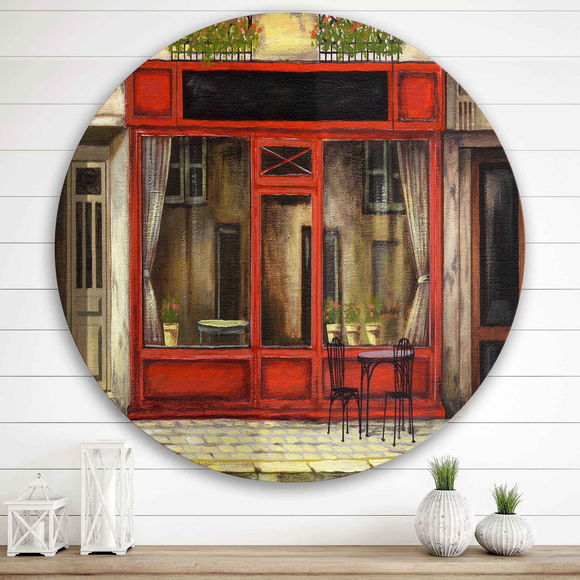 Designart 'Red Facade of Charming Shop In Paris Street I' French Country Circle Metal Wall Art 36x36 - Disc of 36
