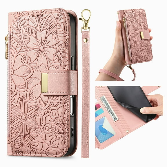 ELEHOLD Floral Embossed Leather Wallet Case for iPhone 17 Pro with Zipper Cash Slot, Card Holder Shockproof TPU Anti-Scratch Flip Stand Wallet Case Cover With Detachable Strap , Rosegold