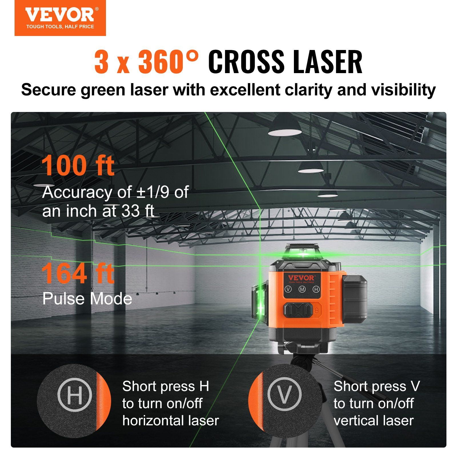 100ft Self Leveling Green Laser Level Manual 3x360 Cross Line IP54 Waterproof 8h Continuous Working with Battery and Stand