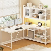 L-Shaped Computer Desk with LED Lights & Hutch, Corner Gaming Desk with 7-Tier Storage Shelves for Bedroom, Save Space, White