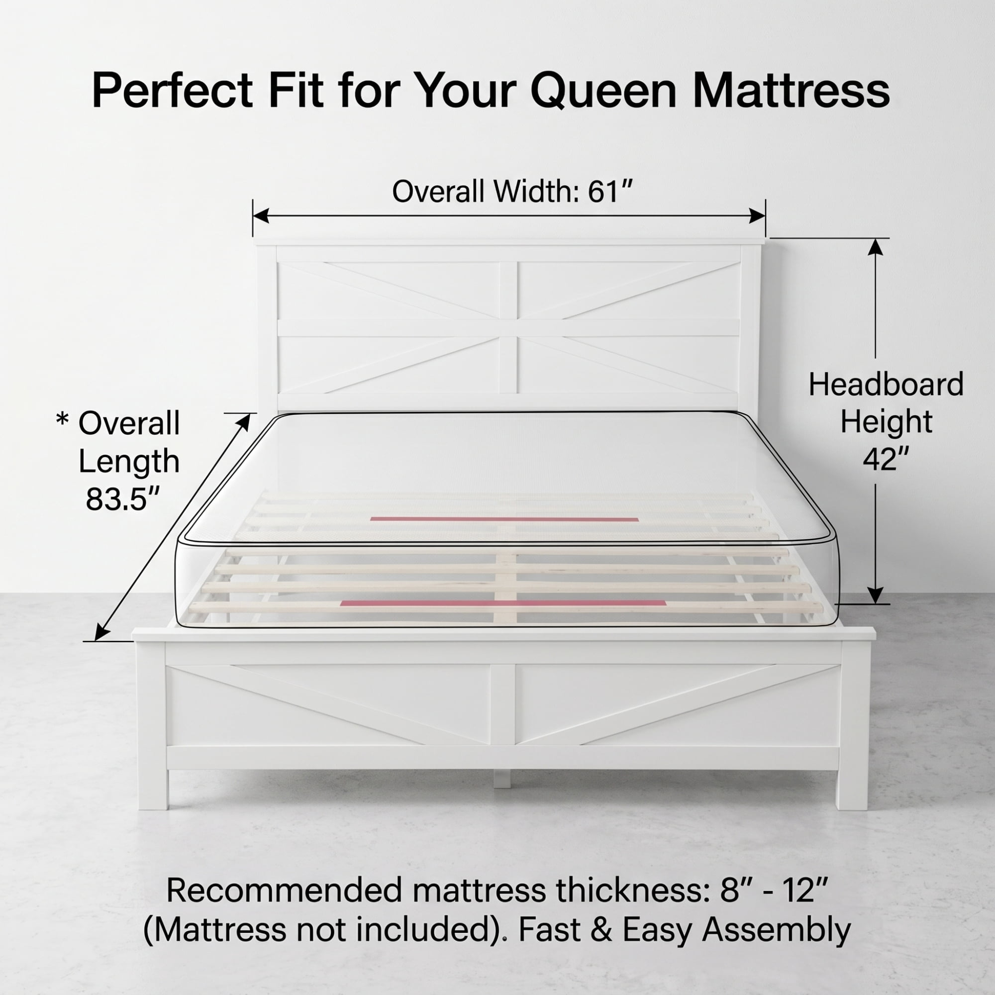 Leumius Farmhouse Style Queen Size Bed with Barn Door Designed Headboard and Footboard, Pinewood Bed with Strengthened Bed Frame for Teens Adults White